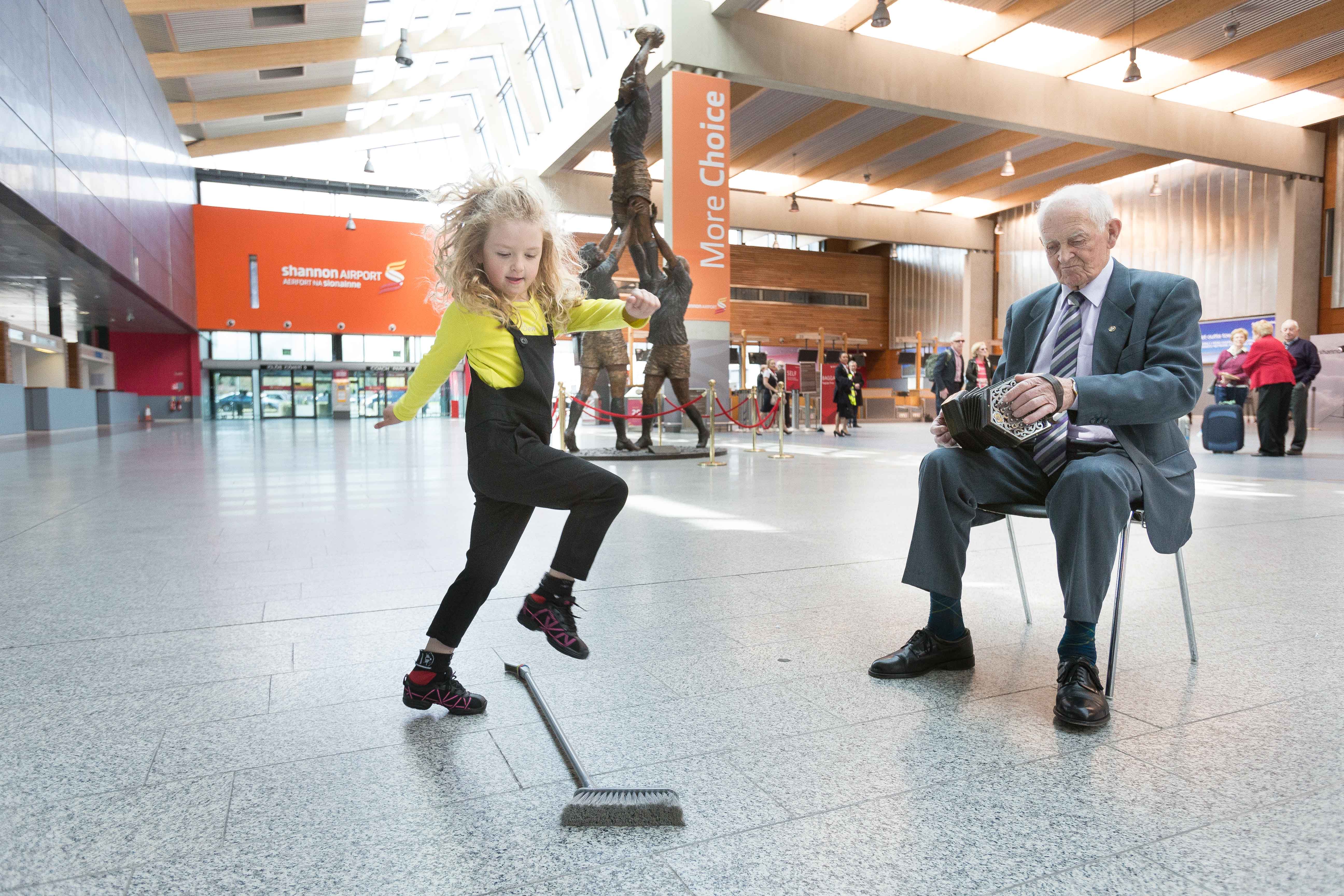 **NO REPRO FEE** 26042016 Fleadh Cheoil na hÉireann Inis 2016 lifts off as Shannon Airport comes on board as main sponsor. At the announcement were Emilie Keane (aged 5) performing a brush dance to the music of renouned concertina player Chris Droney. Photograph by Eamon Ward (Further information available from Eugene Hogan 0872497290 eugene.hogan@bridgepr.ie)