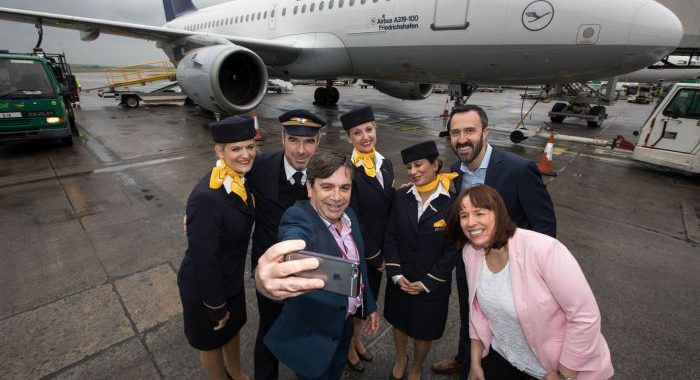 Declan Power, Head of Aviation Development, Shannon Airport take a picture of Liesellette Schmidt, Captain Torsten Adams, Tanja Bartl, Sahar Roos, Shannon Group Chief Commercial Officer Andrew Murphy and Isabel Harrison, Shannon Airport for the inaugural Shannon Frankfurt service by Lufthansa on Saturday 29th April 2017. Picture Sean Curtin True Media.